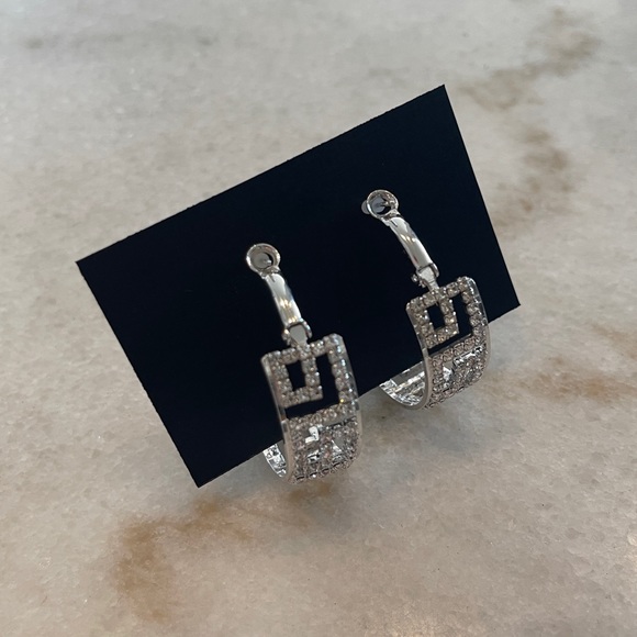 🆕 Silver Rhinestone Greek Key Large Med Hoop Earrings 1.5” with Box womens - Picture 5 of 8